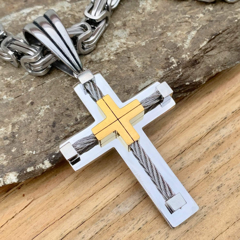 Sanity Jewelry Necklace "Sanity's Combo" - Cross - 2 Tone Gold & Silver (448) & Daytona Beach Chain 1/4 inch wide