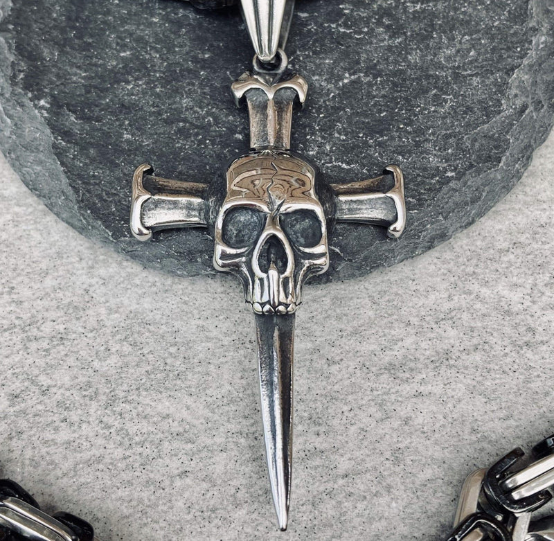 Sanity Jewelry Necklace "Sanity's Combo" -Sanity's Spike Cross With Skull - (733) & Daytona Beach Chain 1/4 inch wide