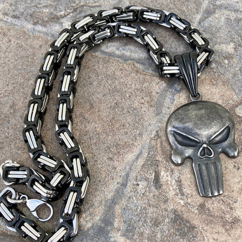 Sanity Jewelry Necklace "Sanity's Combo" - Skull Galvanized (466) & Daytona Beach Chain 1/4 inch wide