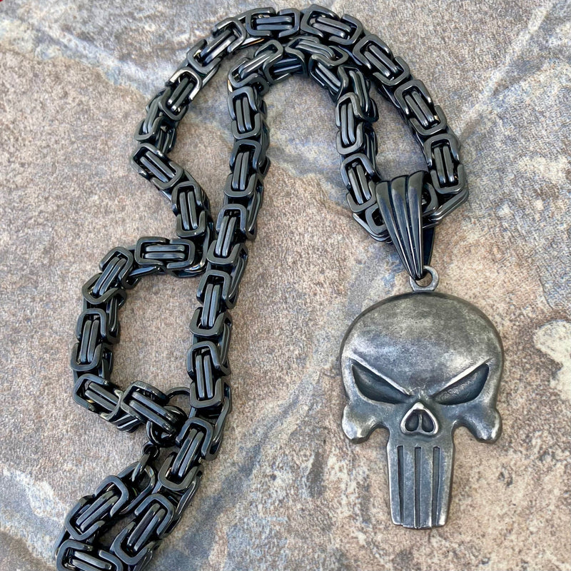 Sanity Jewelry Necklace "Sanity's Combo" - Skull Galvanized (466) & Daytona Beach Chain 1/4 inch wide