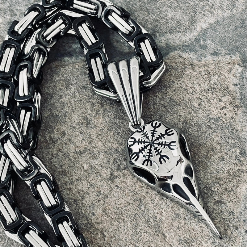 Sanity Jewelry Necklace "Sanity's Combo" - Viking - Raven Skull W/Compass (791) & Daytona Beach Chain 1/4 inch wide