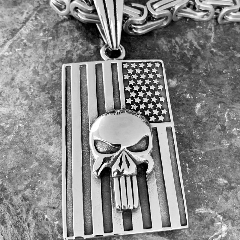 Sanity Jewelry Necklace Silver Stainless 22 inches "Sanity's Combo" - American Patriot Flag (222) & Daytona Beach Chain 1/4 inch wide