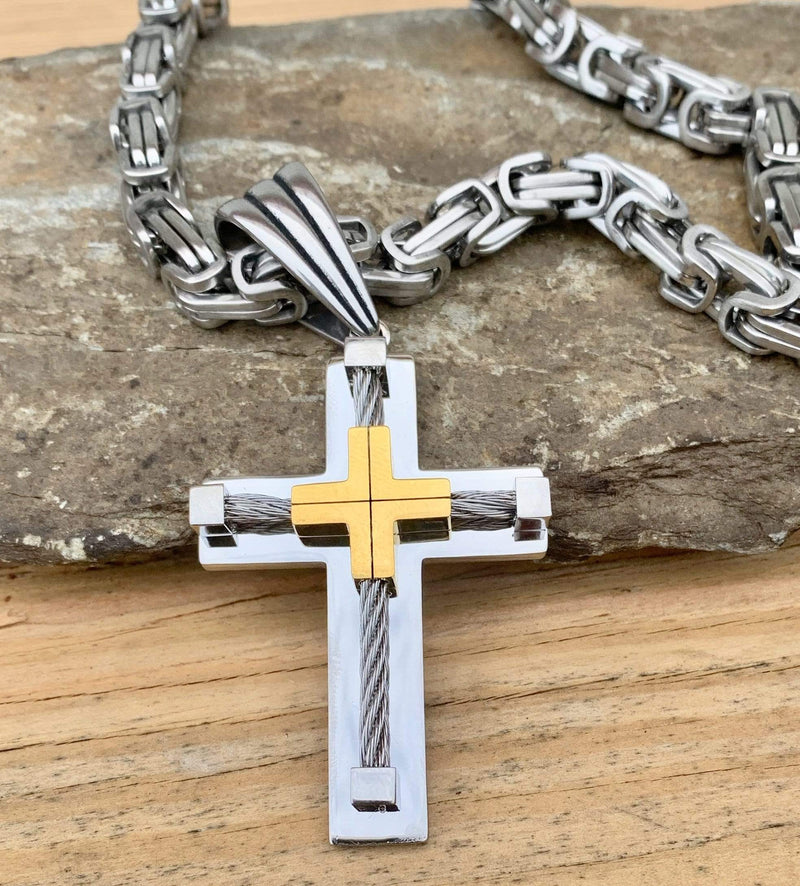 Sanity Jewelry Necklace Silver Stainless 22 inches "Sanity's Combo" - Cross - 2 Tone Gold & Silver (448) & Daytona Beach Chain 1/4 inch wide