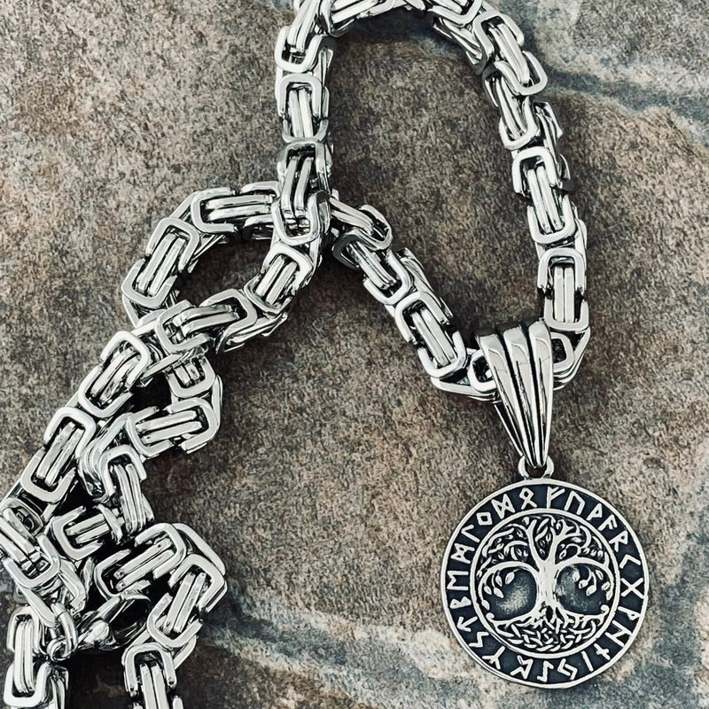 Sanity Jewelry Necklace Silver Stainless 22 inches "Sanity's Combo" - Viking - Tree of Life - Yggdrasil (792) & Daytona Beach Chain 1/4 inch wide