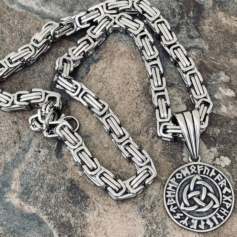 Sanity Jewelry Necklace Silver Stainless 22 inches "Sanity's Combo" - Viking - Triknot Round (789) & Daytona Beach Chain 1/4 inch wide