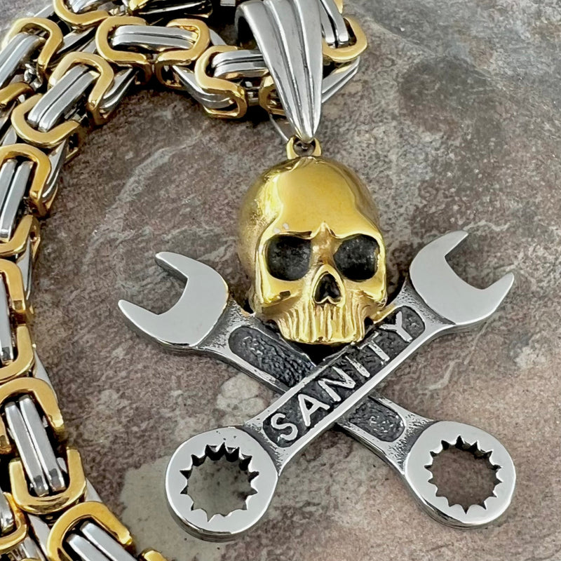 Sanity Jewelry Pendant 22” Silver "Sanity's Combo" - Skull and Cross Wrenches Pendant & Necklace (714)