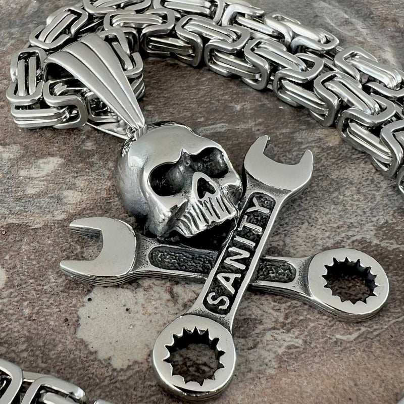 Sanity Jewelry Pendant 22” Silver "Sanity's Combo" - Skull and Cross Wrenches - Silver Pendant & Necklace (741)