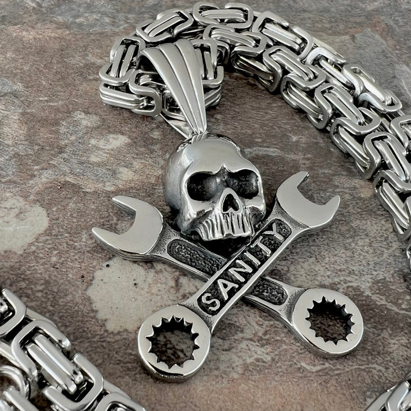 Sanity Jewelry Pendant "Sanity's Combo" - Skull and Cross Wrenches - Silver Pendant & Necklace (741)