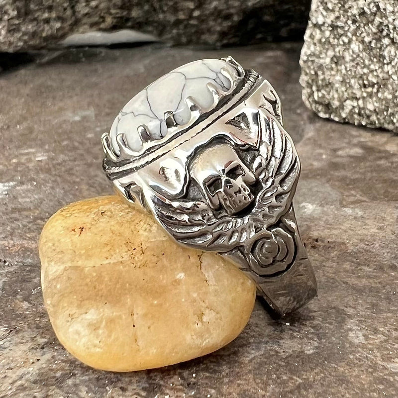 Sanity Jewelry Skull Ring 8 "White Stone" - Skull & Angel Wings - Sizes 8-16 - R137