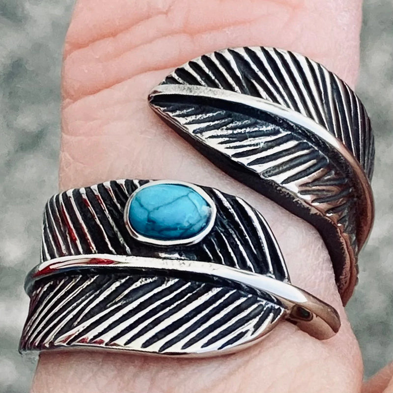 SANITY JEWELRY® Skull Ring Feather & Blue Stone Ring - Sizes 5-12 - R141