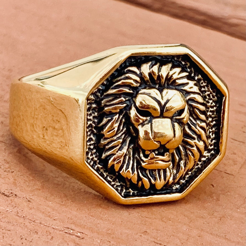 Mens lion head on sale ring gold