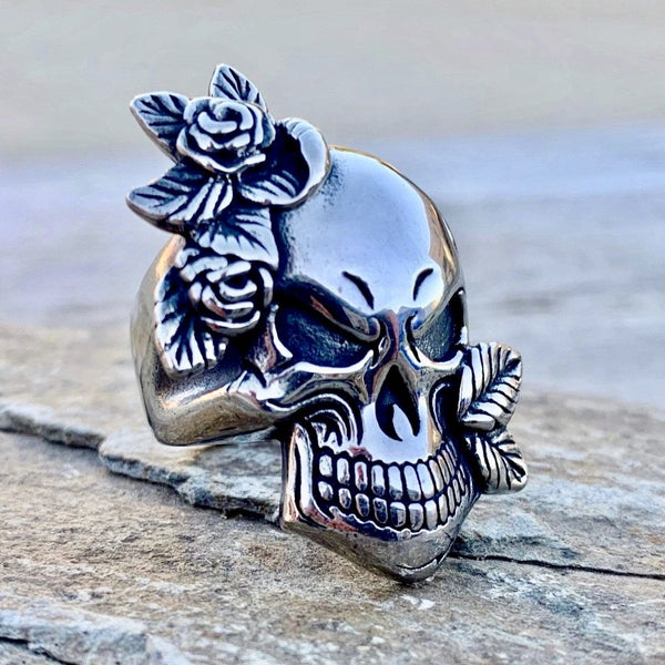 Sanity Jewelry Skull Ring "Rose Skull & Leaf Ring"  - Sizes 5-11 - R99