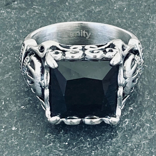 Sanity Jewelry Skull Ring Royalty Ring- Stainless Steel - Black Stone - Sizes 5-16 - R54