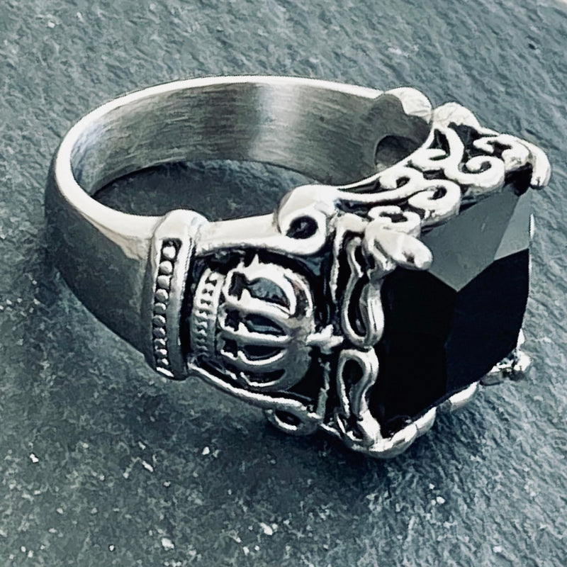 Sanity Jewelry Skull Ring Royalty Ring- Stainless Steel - Black Stone - Sizes 5-16 - R54