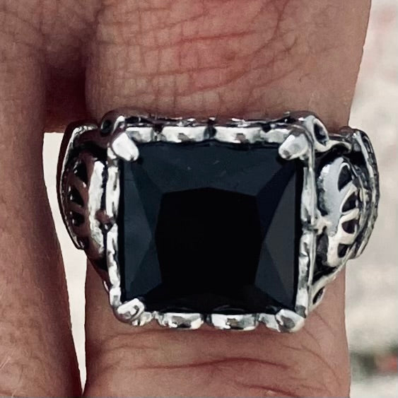 Sanity Jewelry Skull Ring Royalty Ring- Stainless Steel - Black Stone - Sizes 5-16 - R54
