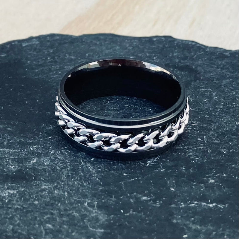 Sanity Jewelry Skull Ring Sanity’s Band Ring Collection - Black & Silver Spinner - Sizes 6-14 - R164