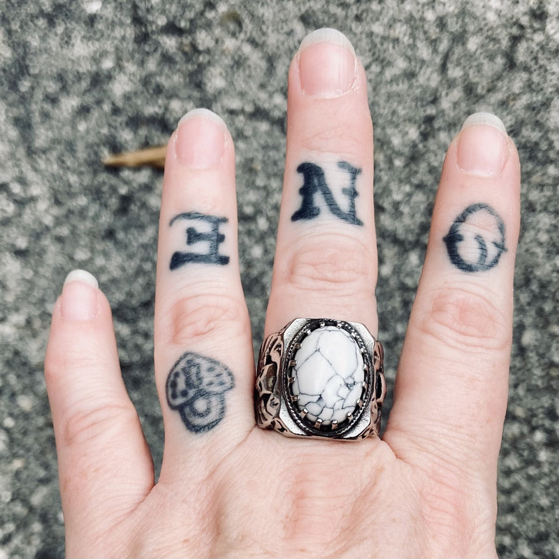 Sanity Jewelry Skull Ring "White Stone" - Skull & Angel Wings - Sizes 8-16 - R137