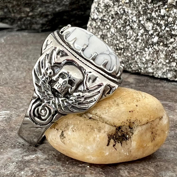 Sanity Jewelry Skull Ring "White Stone" - Skull & Angel Wings - Sizes 8-16 - R137