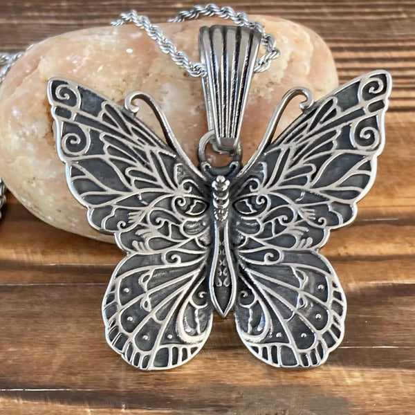 Sanity Jewelry Stainless Steel - Scrollwork Butterfly - Pendant & Classic Rope Chain or Omega - PEN304