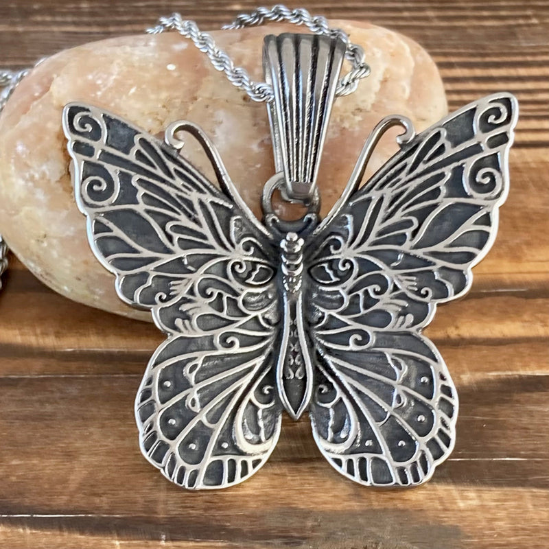 Sanity Jewelry Stainless Steel - Scrollwork Butterfly - Pendant & Classic Rope Chain or Omega - PEN304