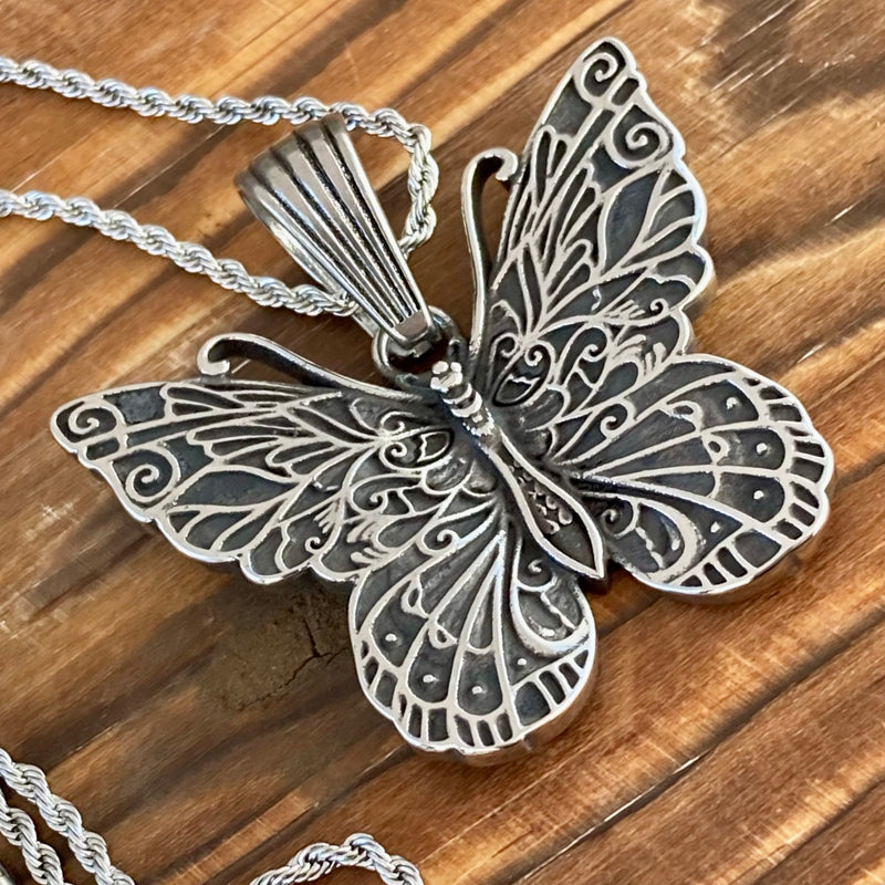 Sanity Jewelry Stainless Steel - Scrollwork Butterfly - Pendant & Classic Rope Chain or Omega - PEN304
