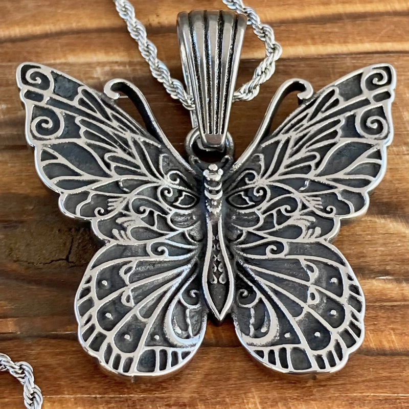 Sanity Jewelry Stainless Steel - Scrollwork Butterfly - Pendant & Classic Rope Chain or Omega - PEN304