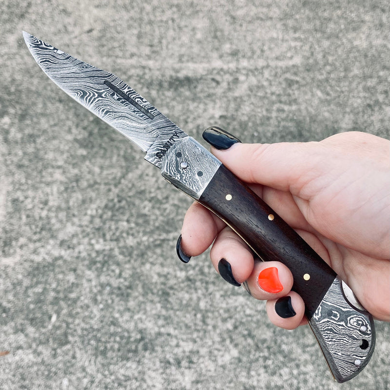 Sanity Jewelry Steel Folding - Damascus - American Mahogany - 4.75 inch - FL12