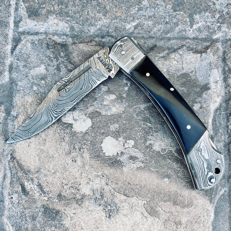 Sanity Jewelry Steel Folding - Damascus - Buffalo Horn - 5 inch - FL08