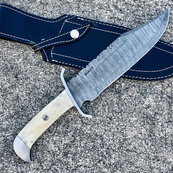 Sanity Jewelry Steel Jim Bowie - Damascus - Camel Bone  - 14 inch - JBSC2